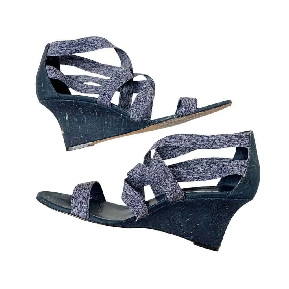 Manolo Blahnik Glassa Crisscross Wedge Sandal, Blue Denim Women’s Sz 41 -US 10.5
